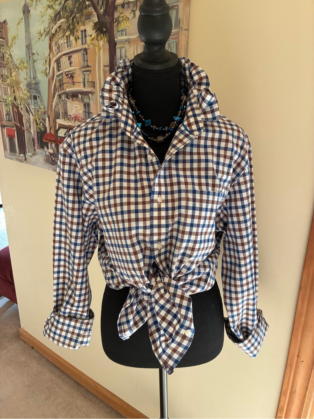 Ruffle collar Blue and brown Plaid Tie-Front Button-Down Shirt